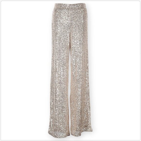 Rachel Zoe Metallic Silver Sequin Wide Leg Pants NWT NEW L - Picture 1 of 5